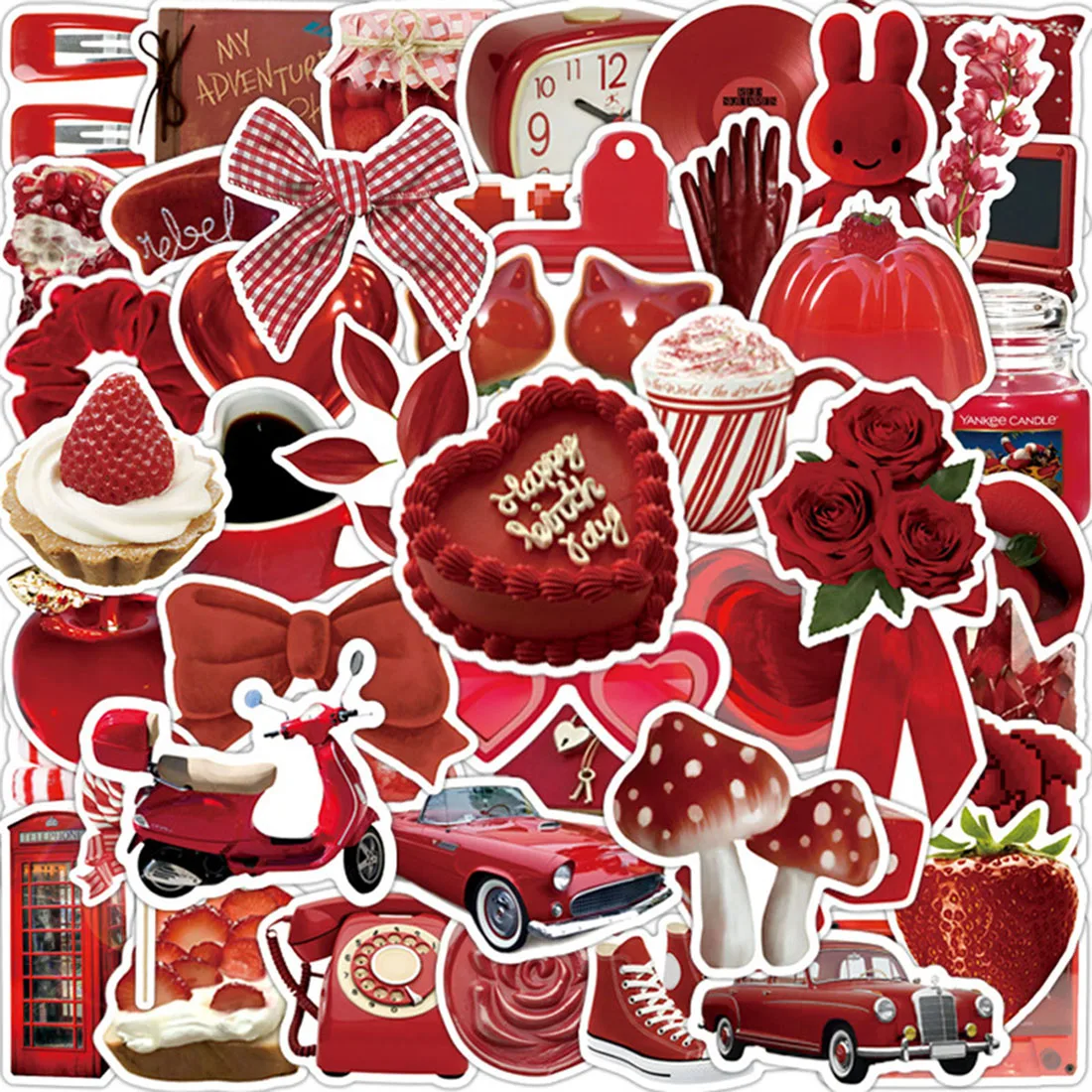 Red Art Themed Aesthetic Stickers - 50-Piece Set for Scrapbooks, Skateboards, Suitcases, Guitars, and DIY Projects