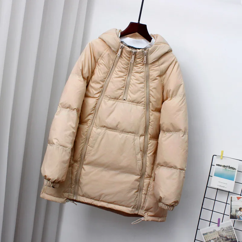 

Autumn Winter Multi Zipper Down Coat Women Warm Thick White Duck Down Jacket Parkas Ladies Long Sleeve Hooded Oversize Outwears