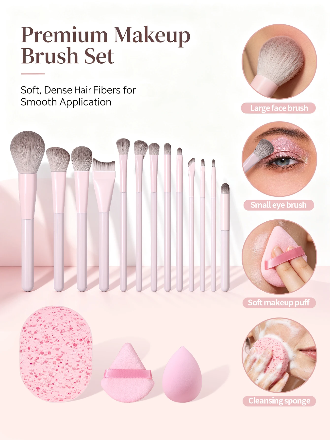 Luxury Soft Touch Makeup Brush Collection - Includes Foundation, Blush, Eye Shadow Brushes & Powder Puff