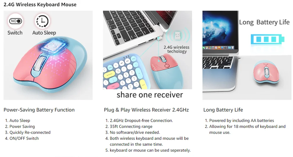 BOW Niedliches 2,4-GHz-Funk-Bluetooth-Tastatur-Maus-Set mit runden Tastenkappen für PC, Laptop, Smartphone und Tablet_voghion.com