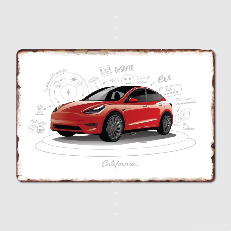 

Red Tesla Model Y Davinci Metal Sign Wall Cave Club Bar Design Wall Decor Tin Sign Poster Room Wall Decor