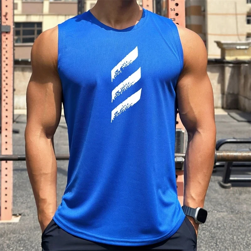 

2024 Summer New Trend Men's Pullover Round Neck Mesh Tank Top Sports Fitness running Top Sleeveless Quick Drying Tank Top