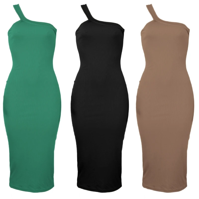 

Womens Solid Sleeveless Ribbed Knit Bodycon Midi One Shoulder Dress Slim-Fit