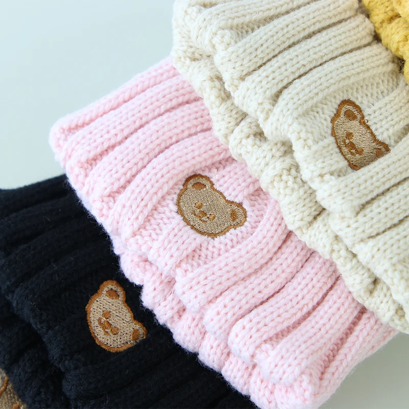 Autumn Winter Baby Hat Solid Color Knitted Warm Kids Toddler Bonnet Hat Cartoon Bear Crochet Baby Girl Boy Beanie Cap 6