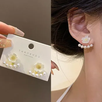 925 Silver Needle Korean Fashion Pearl Flower Earrings For Women Jewelry 2025 Trending New Luxury Behind Ear Pearl Stud Earrings