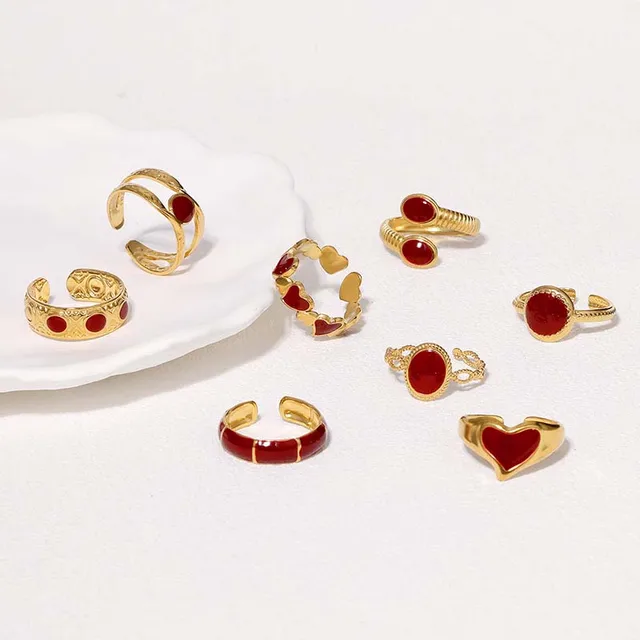 Bagues géométriques Vintage rouge goutte à goutte d'huile pour femmes, en acier inoxydable, couleur or, ouverture en cœur, bagues réglables, bijoux, nouveau 2025