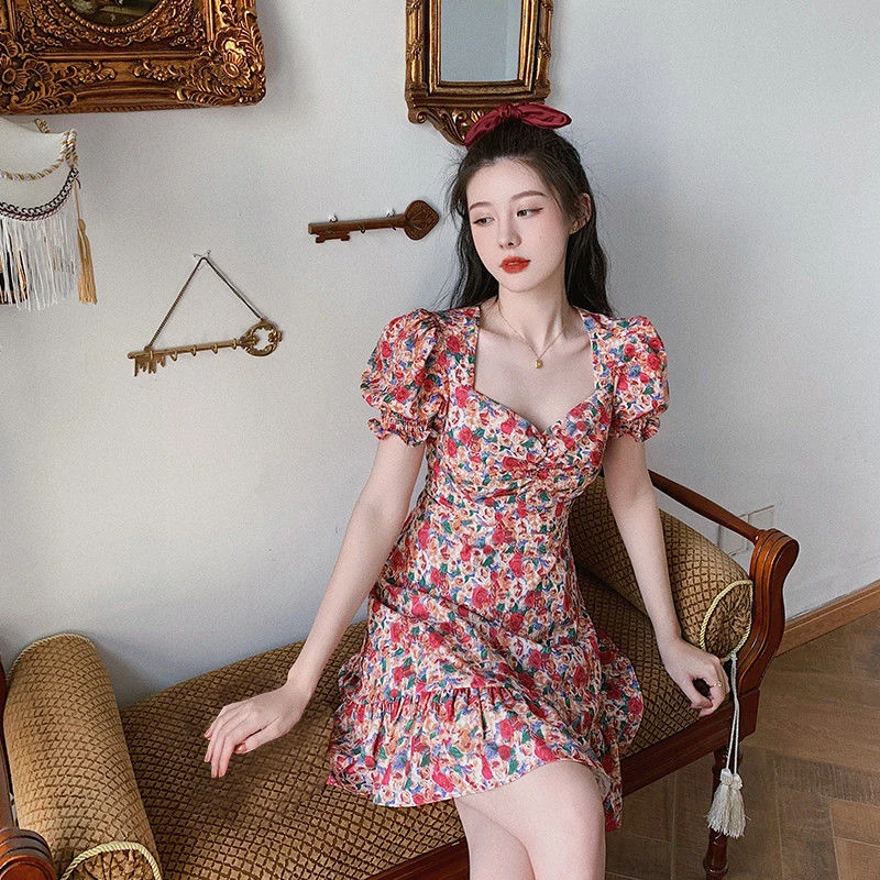 

Newest Arrival Women Dress with Sweet Puff Sleeves Girls Fashion Flower Pattern Ruffle Decoration Summer Clothing