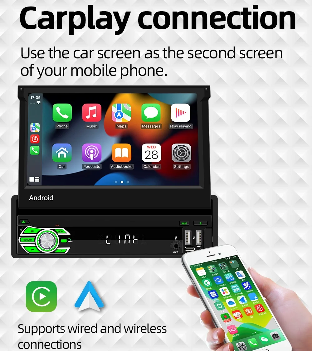7‘’ Retractable Screen 1Din Car Radio Android 13 Wireless Carplay Multimedia Universal Smart Central Autoradio FM Navigation GPS 2