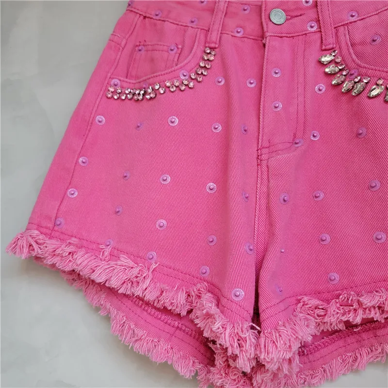 Exquisite Rhinestone Raw Edge Denim Shorts for Women 2024 Summer New High Waist Slimming A- Line Wide-Leg Hot Pants Booty Shorts