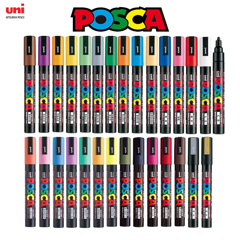 Uni Posca-Conjunto de Marcadores de Pintura, Não Tóxico à Base de Água, PC-1M ,PC-3M ,PC-5M,PC-8K,PC-17K, 7, 8, 12, 15, 21, 24, 28, 29 cores, Japão