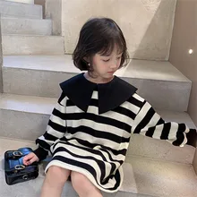 

Girls Dress For New Year 2022 Spring Large Lapel Black White Stripes Casual Princesses Dresses 2-7Y vestidos Children's Clothing