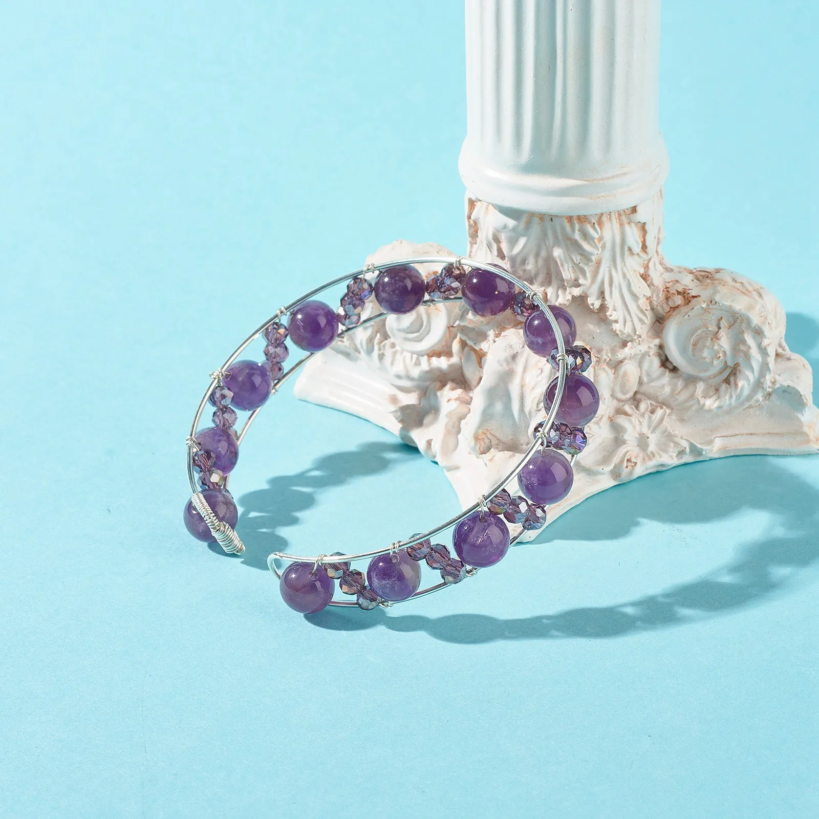 Kissitty 4Pcs/Set Natural Mixed Stone Beads Reiki Healing Cuff Bangles Set For Women Copper Wire Wrap Open Bangles Gift