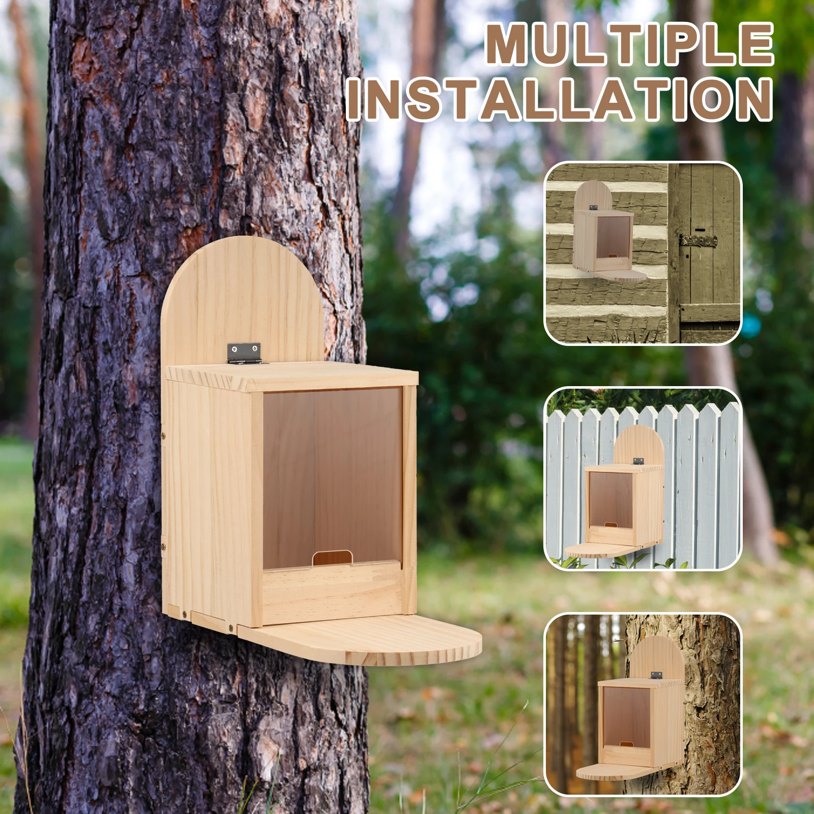 Outdoor Squirrel Feeder Hanging Wood Chipmunk Feeder Bird Squirrel Creative Pet Dining Table with Clear Window Garden Decoration