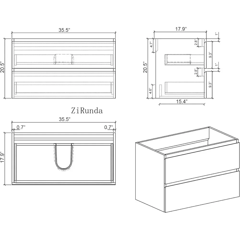 Floating bathroom vanity with washbasin, bathroom cabinet with upper drawers and soft closure, 36."