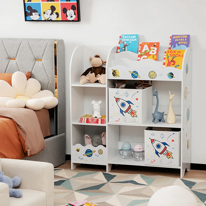 

Wooden Children Storage Cabinet with Storage Bins Living Room Bedroom Clothes Toy Rocket Pattern Storage Cabinet