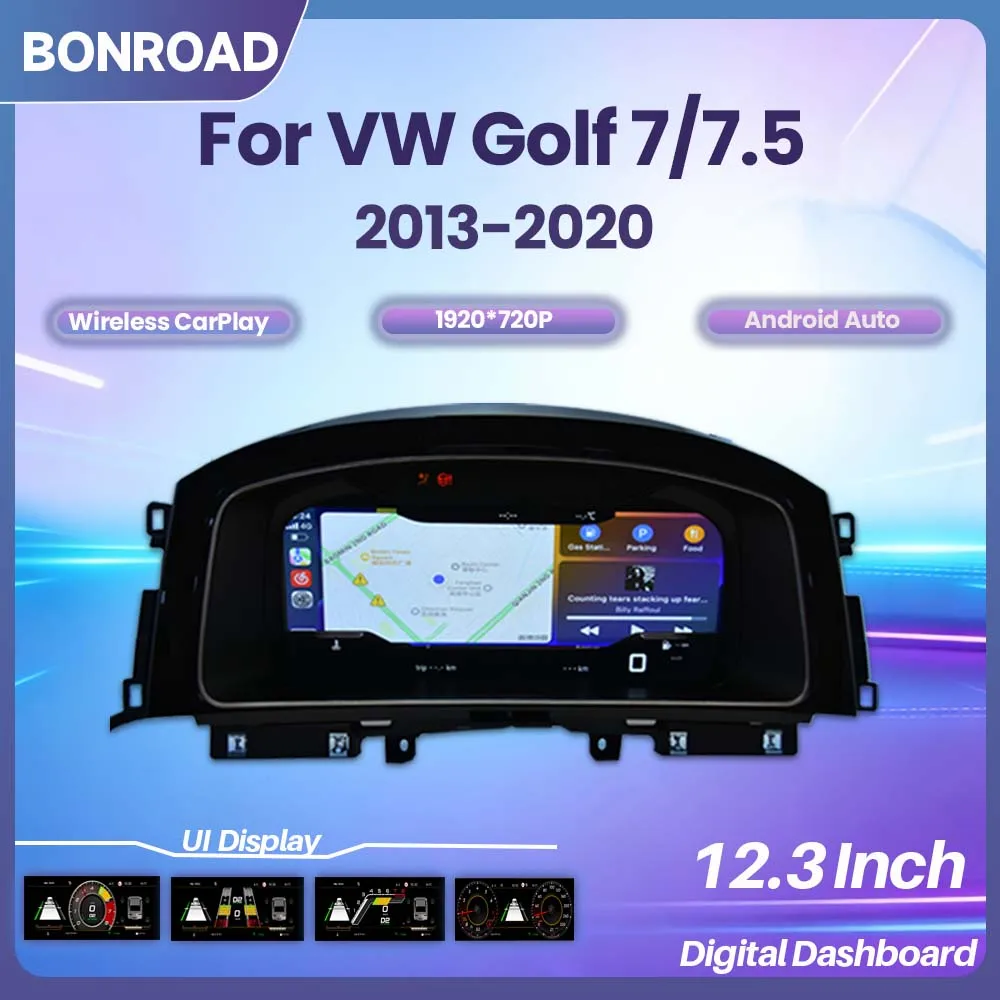 BONROAD Panel de instrumentos digital de 12,3 pulgadas para Volkswagen Golf 7 MK7 2013-2020, panel de instrumentos con velocímetro y cabina virtual LCD con HDMI 1