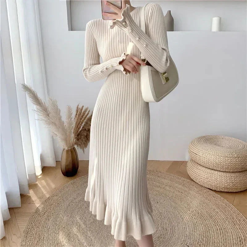 Thick Mermaid O-Neck Long Sweater Maxi Dress for Women Elegant Casuals Female A-line Slim Sexy Knitting Dress Autumn Winter