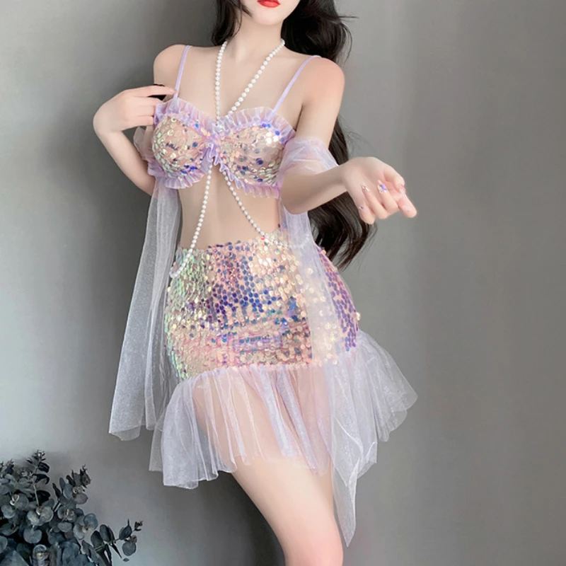 

Sexy Fantasy Sequin Mermaid Hip Wrap Skirt Pearl Chain See Through Sissy Nightgown Sensual Women Role Play Dress Exotic Costume