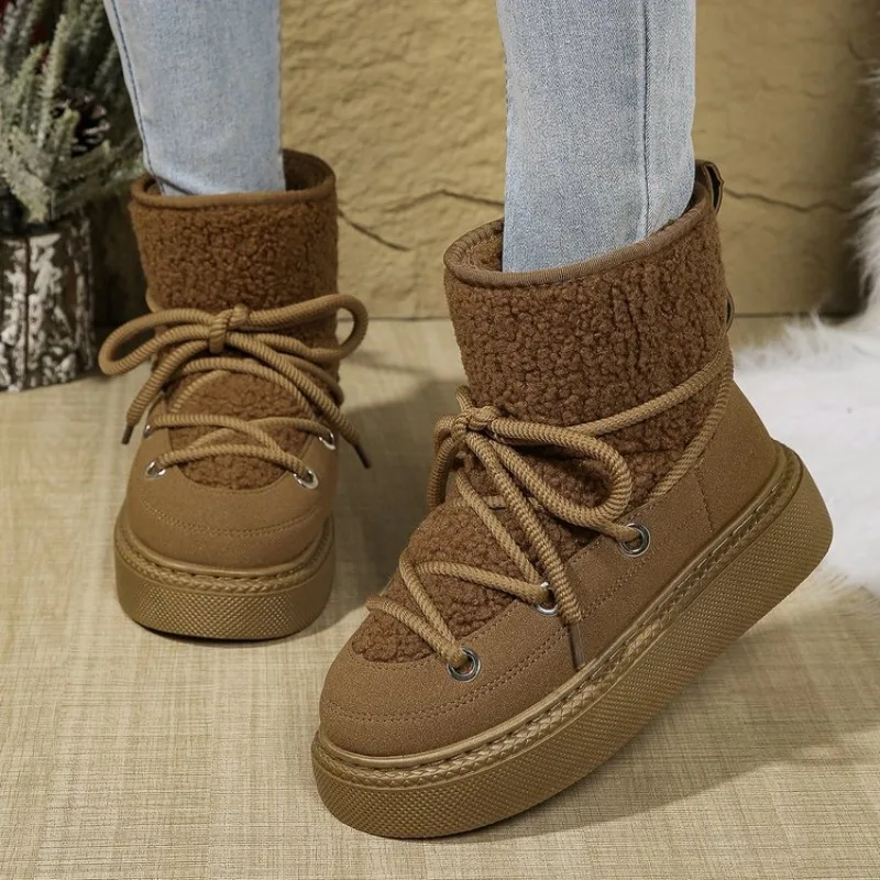 Women's Thick-soled Cross-strap Snow Boots Women Winter Round Toe Flock Plush Warm Mid Heel Water Proof Casual Warm Snow Boots