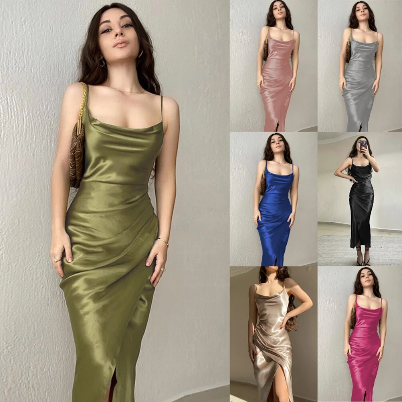 

2023 Summer Women's Dress Sexy Low-cut Satin Split Sling Dress Sleeveless Backless Dress Party Dress Maxi Dresses Bodycon Dress