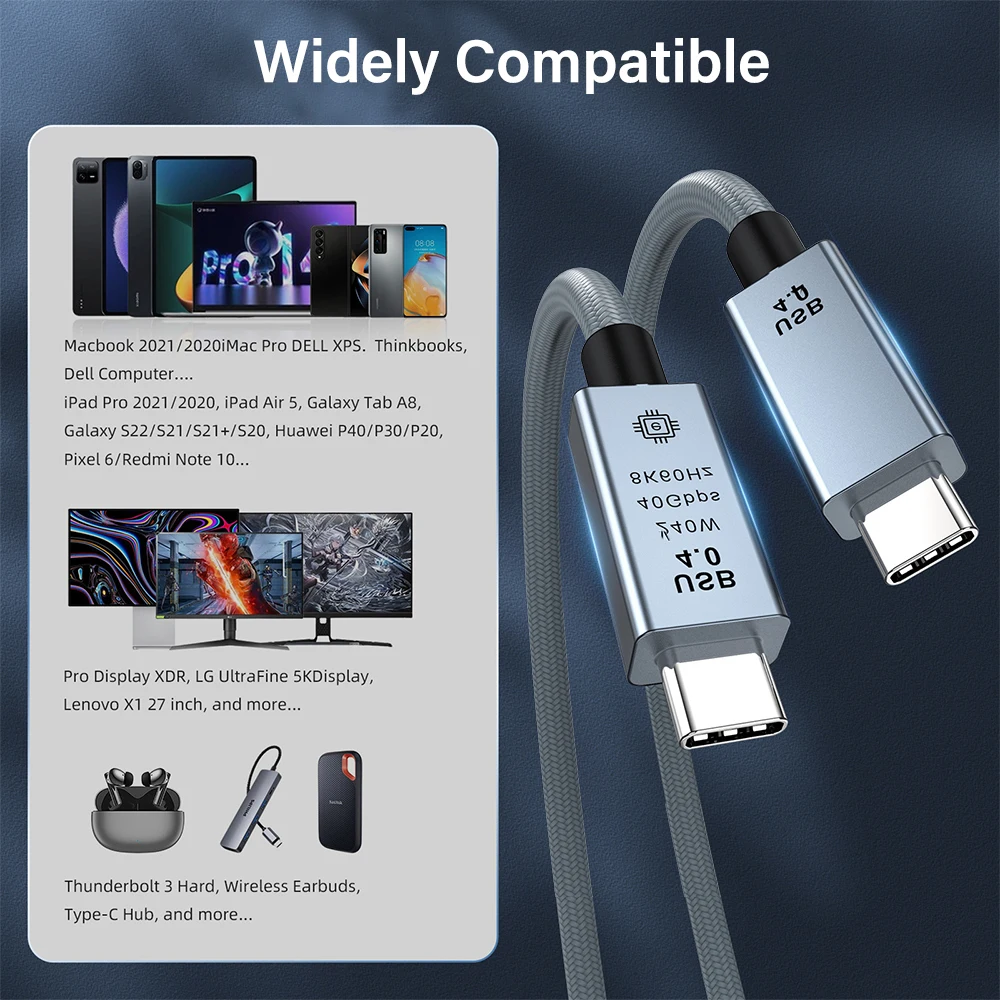 Premium 40Gbps Thunderbolt 4 USB-C High-Speed Cable – 8K, 240W Power Delivery, Flat Design, Available in 1m, 1.5m, and 2m Lengths