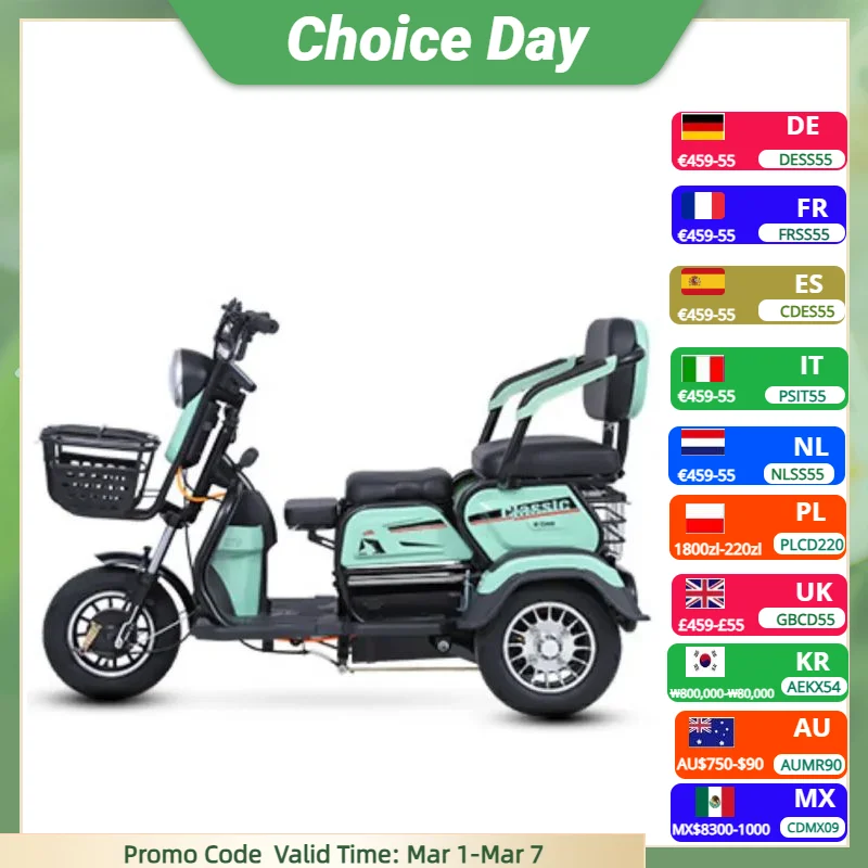 Scooter de mobilité à 3 roues pour adultes, 1000W, 60V, petit Tricycle électrique familial puissant pour enfants âgés, hommes, femmes, rouge, vert