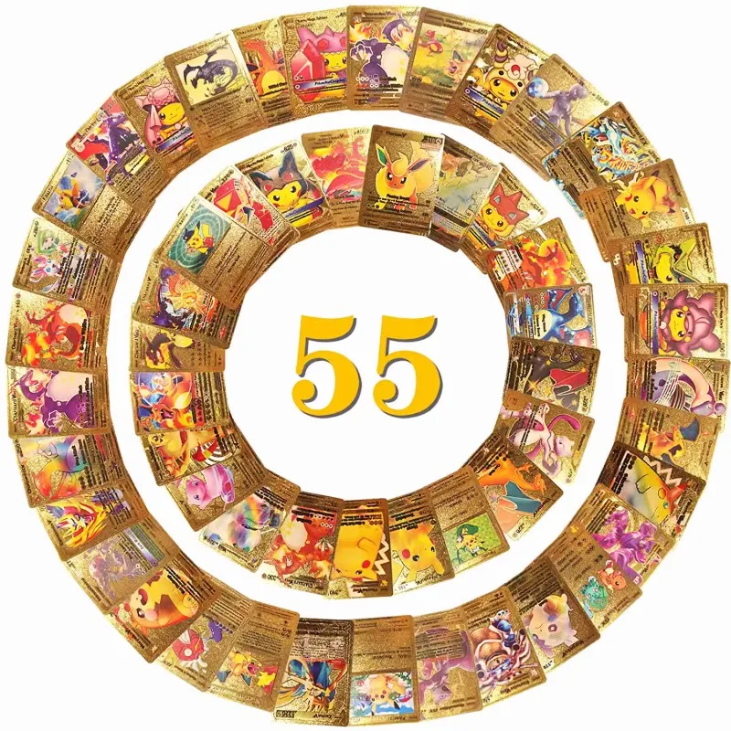 

55 шт., Покемон-карты, Пикачу, золотые, серебряные, черные, красочные, Vmax GX Vstar, коллекционная открытка на английском, испанском, французском, немецком языках, игрушки в подарок