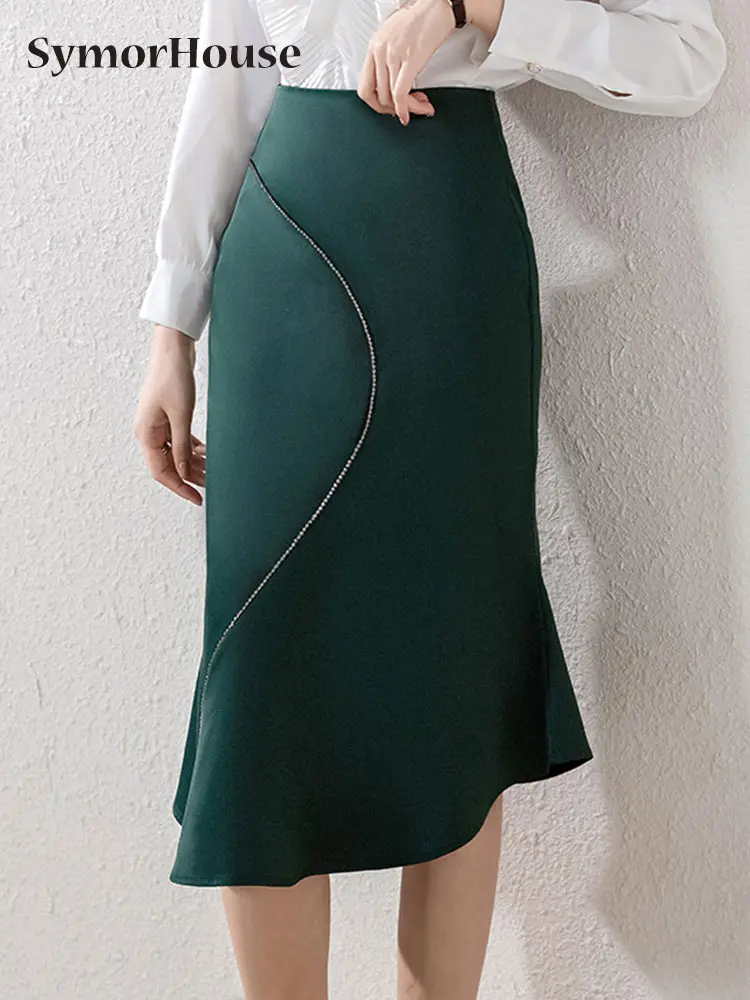 

Summer Autumn Elegant Satin Mermaid Skirts Women High Waist Korean Fashion Office Lady Black Wrap -Hips Midi Skirt Female Faldas