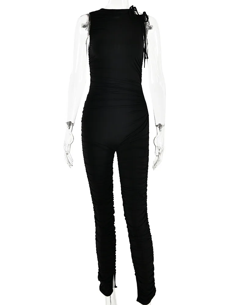 Articat Sexy Slim Fit Shirring Women Jumpsuit Hollow Out Pleated Tight Pants Sleeveless Female Rompers Casual Party Club Street