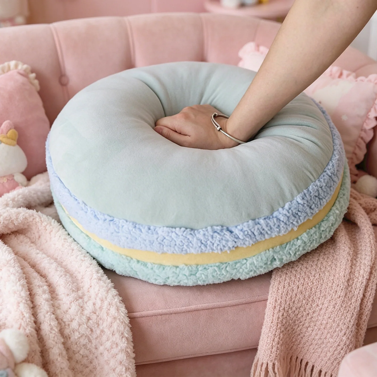 Colorful Macaron Plush Round Decorative Cushion - Soft and Cute Plush Toy Pillow