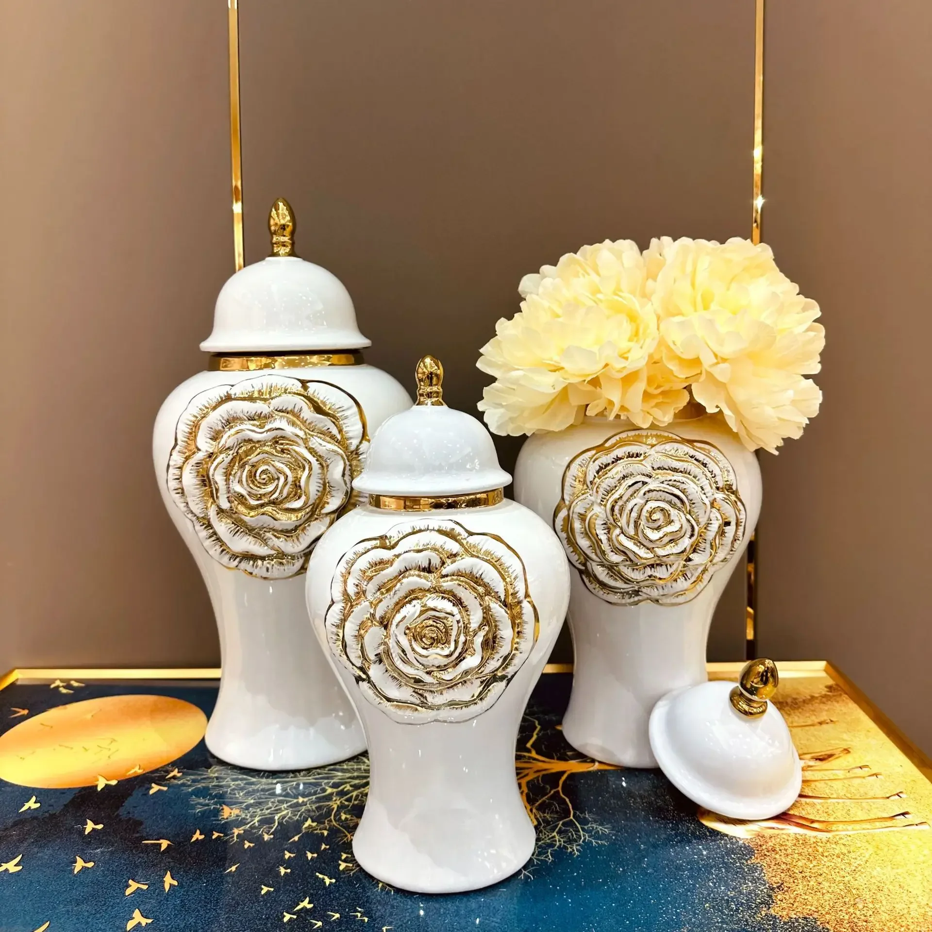Gold Rose Relief General Can Ginger Jar Porcelain Storage Flower Vase Desktop Organization Home Decoration 2