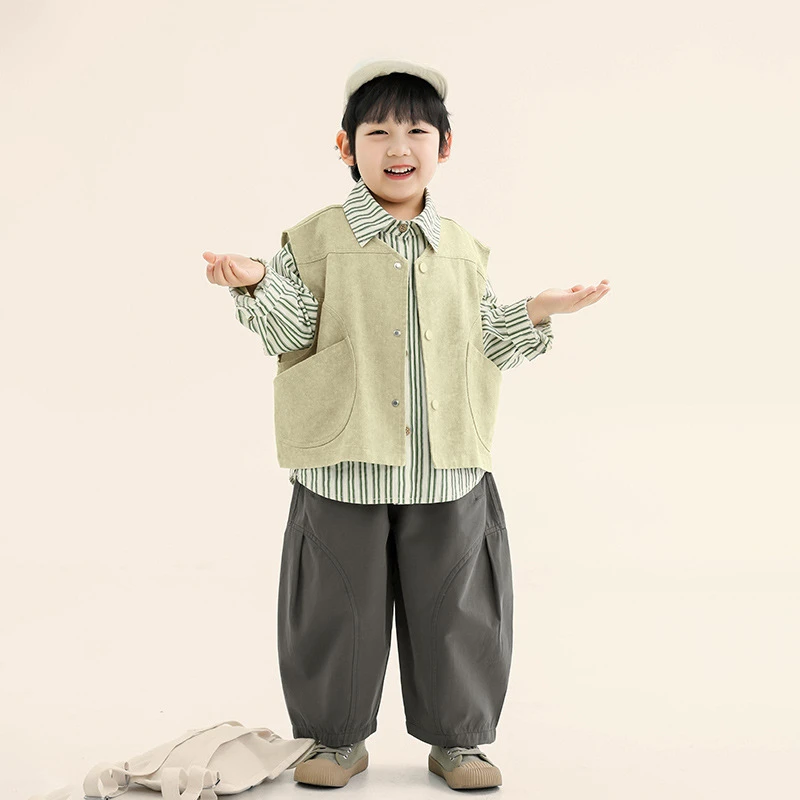 새로운 어린이용 일본식 및 한국식 아우터, 조끼, 어린이용 패셔너블하고 심플한 상의, 남아용 조끼, 봄 의상