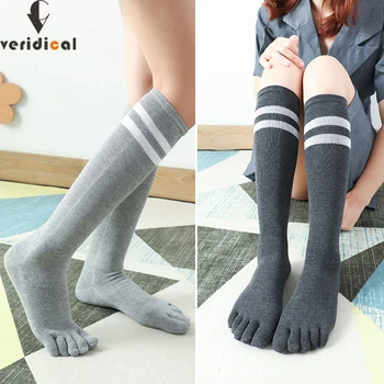 여성 소녀 코튼 따뜻한 줄무늬 스타킹, 무릎 아래 대학생 스타일, 5 손가락 다리 파일 양말, 긴 발가락 양말, 5 켤레