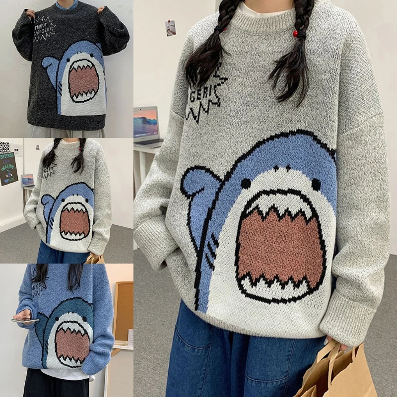 

Unisex Cartoon Shark Sweater Neck Long Sleeve Oversized Knit Jumper Tops Dropship