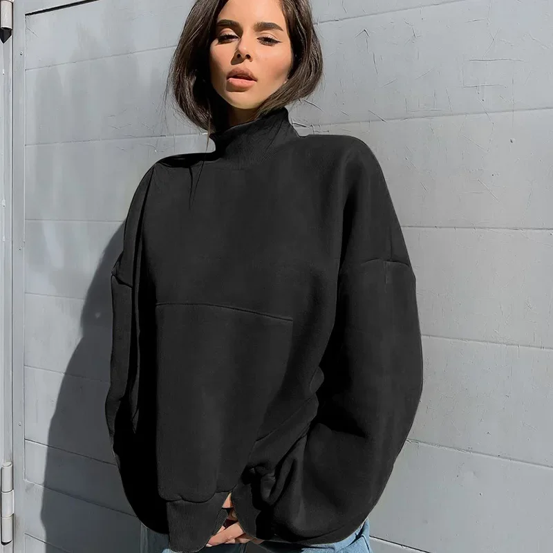 Sweet Candy Color Sweatshirt Loose High Collar Casual All-match Solid Color Top New Ladies Autumn Spring Fashion Street Clothing