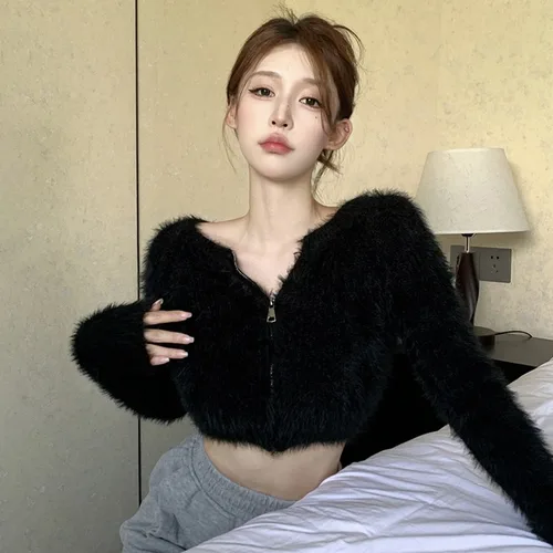 여성 스웨터 니트 가디건, 플러시 오프 숄더, 짧은 스타일 코트, 부드러운 밍크, 단색 지퍼 디자인 5