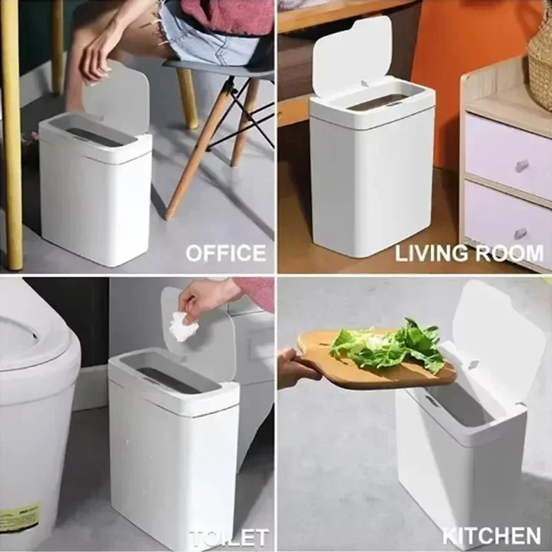 White 15-liter Automatic Bagging Smart Bathroom Trash Can Electronic Trash Can Touchless Narrow Type Smart Home