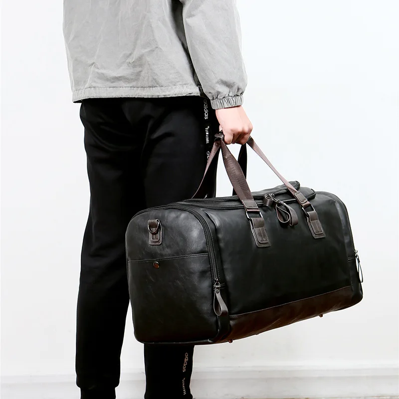 Business Soft Leather Men Travel Bag Large Capacity Hand Luggage Bag Weekend Fitness Gym Bag For Male Duffel Shoulder Bags