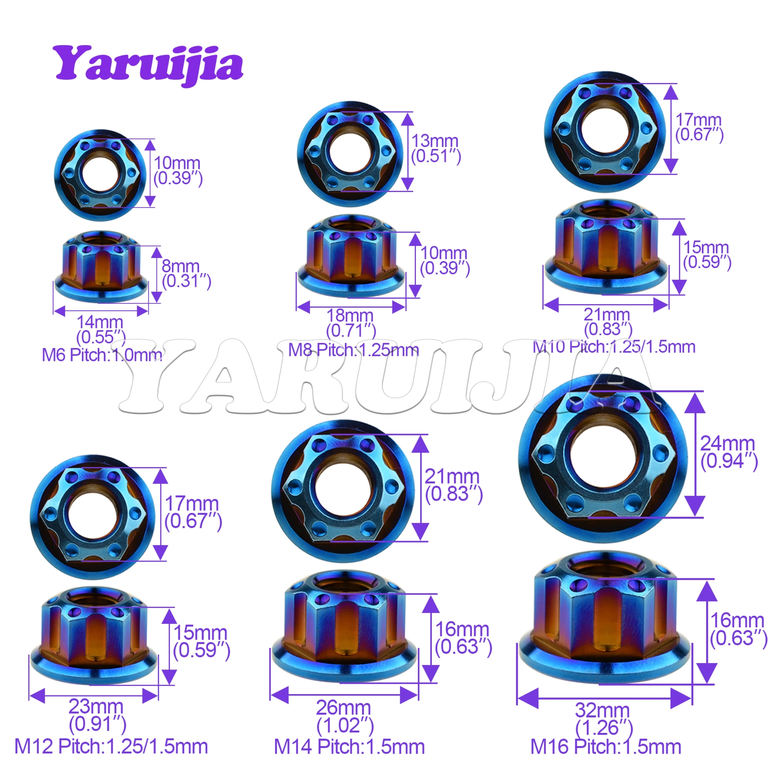 Yaruijia 티타늄 너트, 오토바이 자전거 자동차용 Torx 플랜지 너트, M6, M8, M10, M12x1.25, M14x1.5, M16x1.5