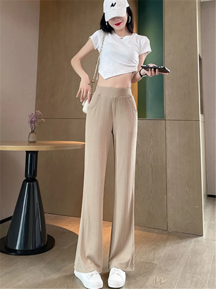 2023 신상 여성 하이웨이스트 와이드 레그 아이스 실크 얇은 여름 슬랙스 벨바텀 플레어 캐주얼 팬츠 한국 스타일 출퇴근룩