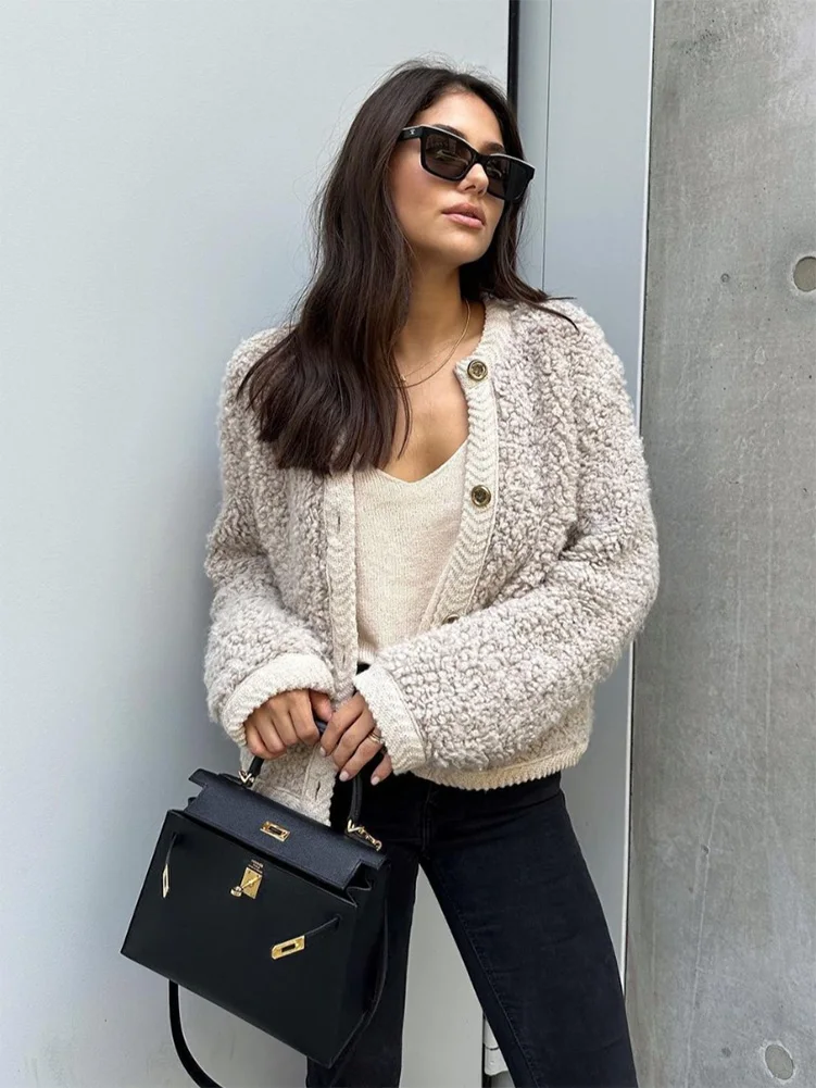 

HH TRAF Autumn Fleece Cropped Coat For Women Fashion New Hemming Long Sleeve Cardigan Female Versatile Chic Women's Jackets