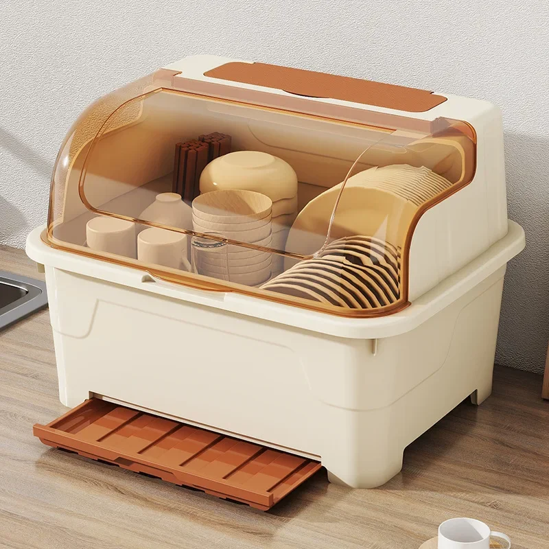 Sealed Tableware Storage Box with Lid Dish Drying Rack Drainage Tray Plastic Kitchen Storage Rack for Plates and Utensils