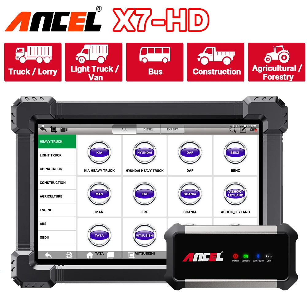 ANCEL X7 HD OBD2 Diagnostic Tool Full System Code Reader ABS Oil Reset SAS DPF 12V Cars 24V Heavy Duty Truck Auto Scanner Tools