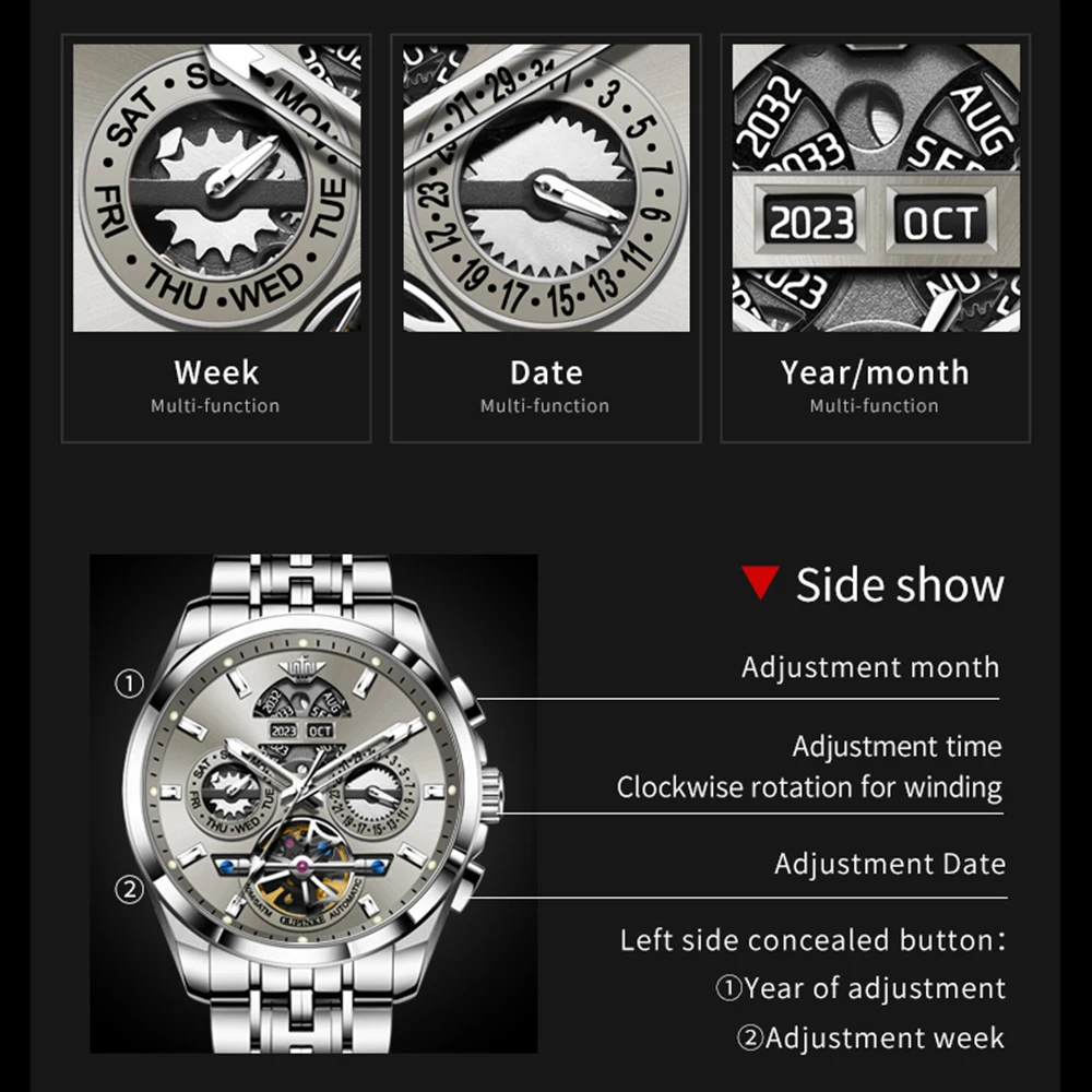 OUPINKE 3251 Top Brand Automatic Watch For Men Multifunctional Hollow Dial Man Dress Hand Clock Luxury Men's Mechanical Watches