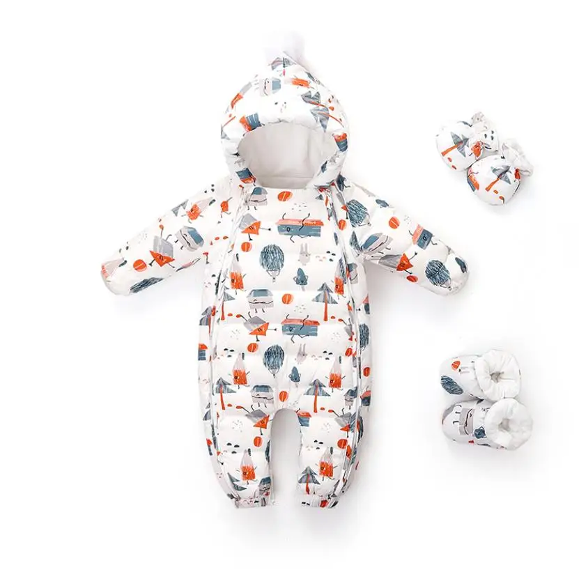 

2023 Winter New Baby Romper Infant Cartoon Print Jumpsuit Newborn Hooded Thicker Warm Down Jacket For Boys Girls A2972