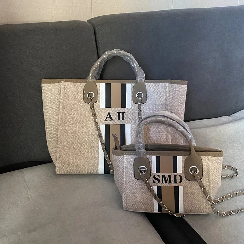 Personalised Chain Monogram Canvas Tote Bag Shoulder Bag Ladies