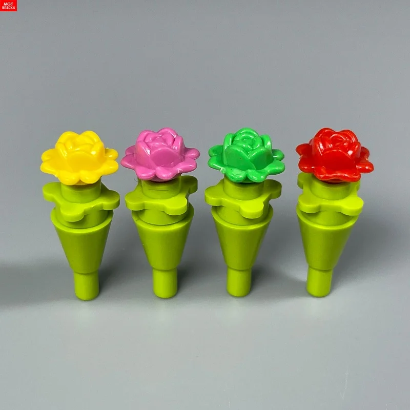 MOC 브릭스 손에 장미를 들고 있는 4cm 피규어 빨강 노랑 분홍색 장미 꽃 단..