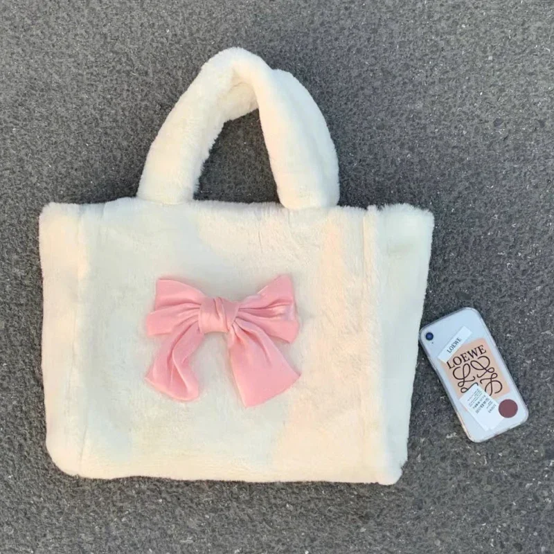 

Xiuya Kawaii Lolita Women Shoulder Bag Cute Soft White Plush Handbag Large Capacity Sweet Fashion Designer Exquisite Tote Bag