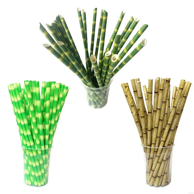 85WF Bamboo Pattern Paper Straws Easy to Use Biodegradable Drinking Straws Gift