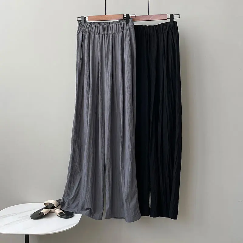 Thin Pleated Casual Pants Women 2024 Summer Japanese Lazy Drape Loose Elastic Waist Full Length Wide-leg Long Pants Comfortable
